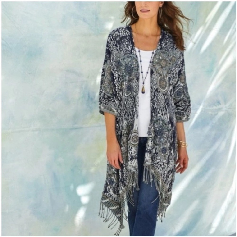 Soft Surroundings Emory Cardigan S/M Beaded Tapestry Woven Tassels Lagenlook